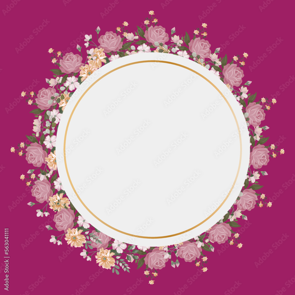 circular frame with flowers. floral frame in pink background, colorful floral card.