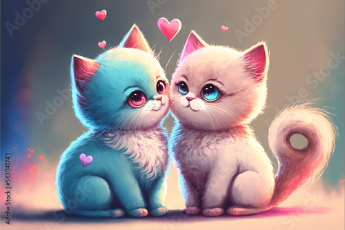 Couple of Kittens Valentines day illustration generative Ai.