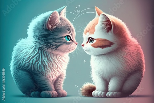 Couple of Kittens Valentines day illustration generative Ai.