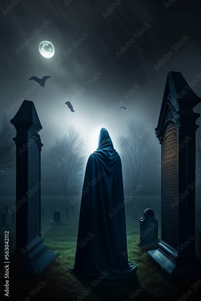 Portrait of a dementor in a graveyard, dark and scary night. Portrait of a dementor in a graveyard, dark and scary night.