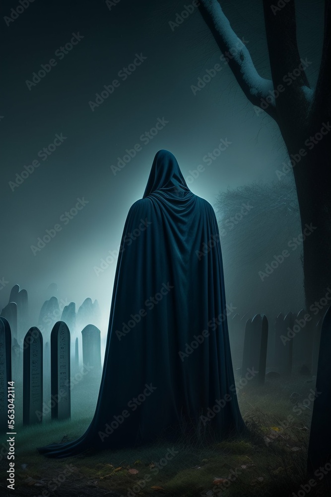 Portrait of a dementor in a graveyard, dark and scary night. Portrait of a dementor in a graveyard, dark and scary night.