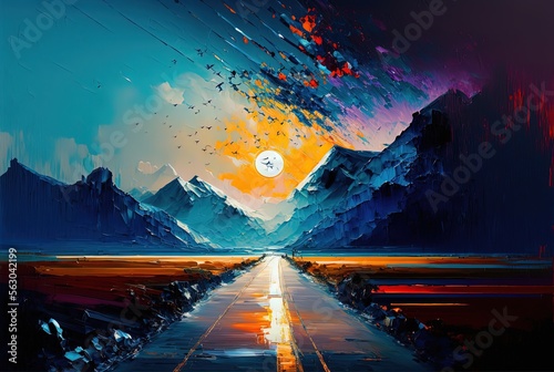 oil painting style illustration of countryside highway, road path to horizon , mountain at far sight with sun shine Generative Ai 