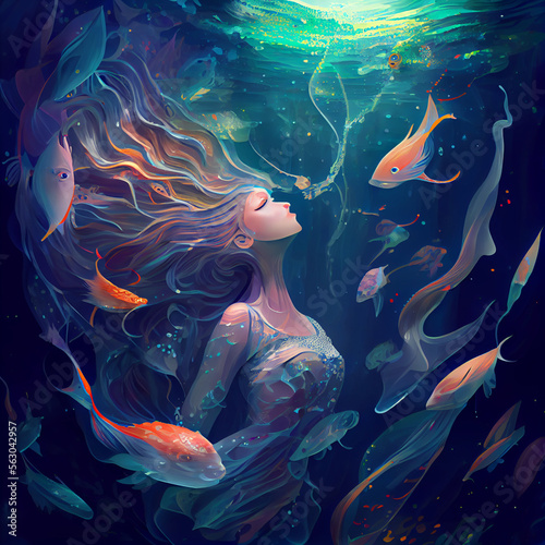 beautiful mermaid swimming in a crystal clear ocean with schools of fish