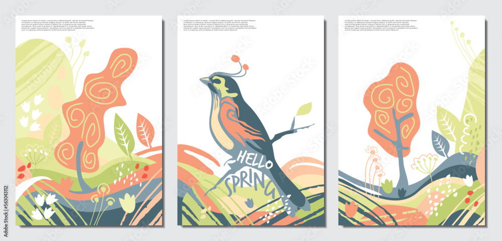 Spring landscape with bird singing, trees and floral meadow. Seasonal set of nature banners perfect for notebook cover, document background or flyers. Vector poster layout.