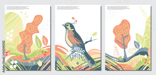 Spring landscape with bird singing, trees and floral meadow. Seasonal set of nature banners perfect for notebook cover, document background or flyers. Vector poster layout.
