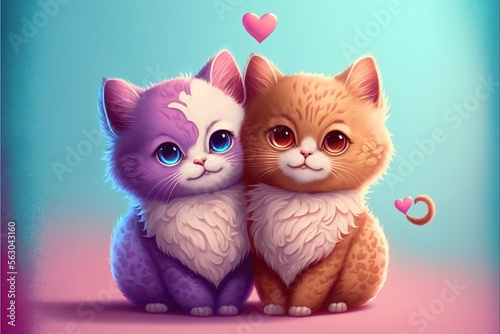 Couple of Kittens Valentines day illustration generative Ai.