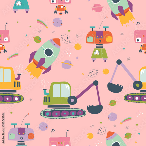Cartoon Pattern with Robots, Digger,Cosmic Rocket on Pink Background
