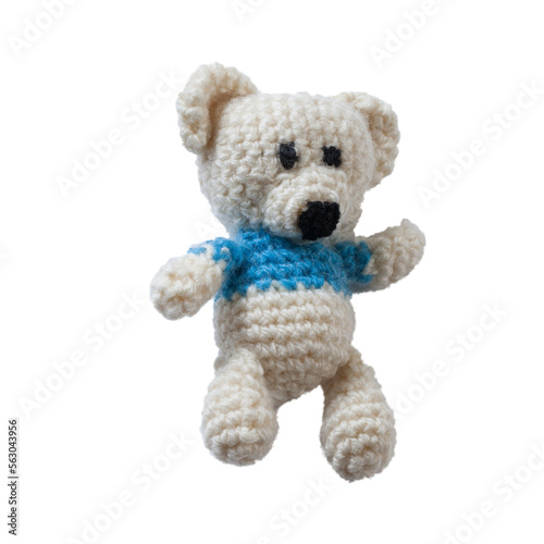 Petit ourson  fait au crochet avec du fil blanc et bleu