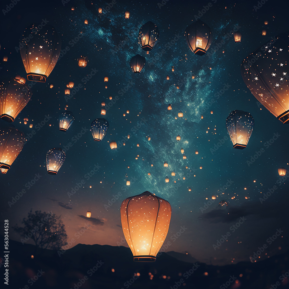 Flying lanterns in starry night