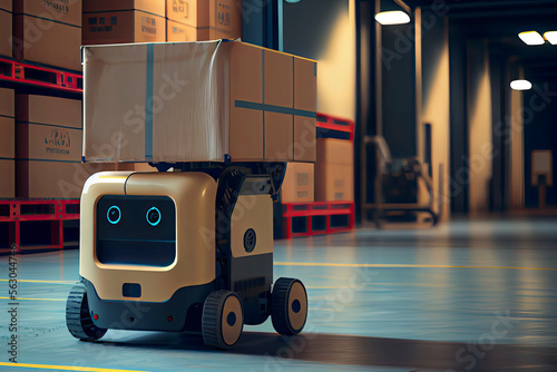 Robot works in a logistics warehouse