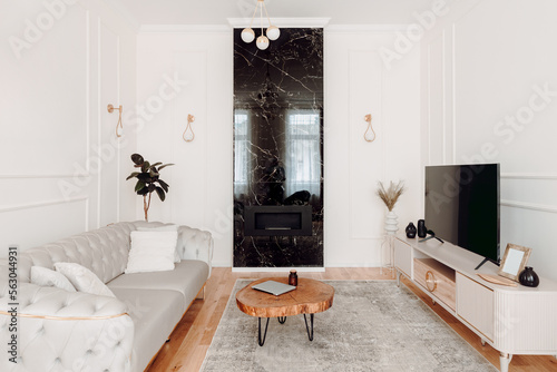 Stylish pastel apartment, Details of luxurious sofa, wooden tv table, golden light fixtures and cozy fireplace