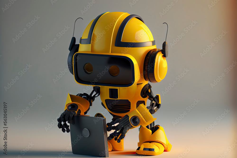 Engineer robot with 3d rendering cute and small artificial intelligence assistant robot wear yellow helmet Engineer robot with 3d rendering cute and small artificial intelligence assistant robot wear yellow helmet