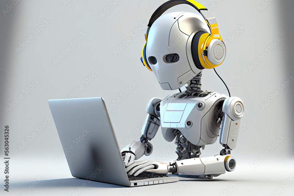 3d rendering humanoid robot working with headset and notebook 3d rendering humanoid robot working with headset and notebook