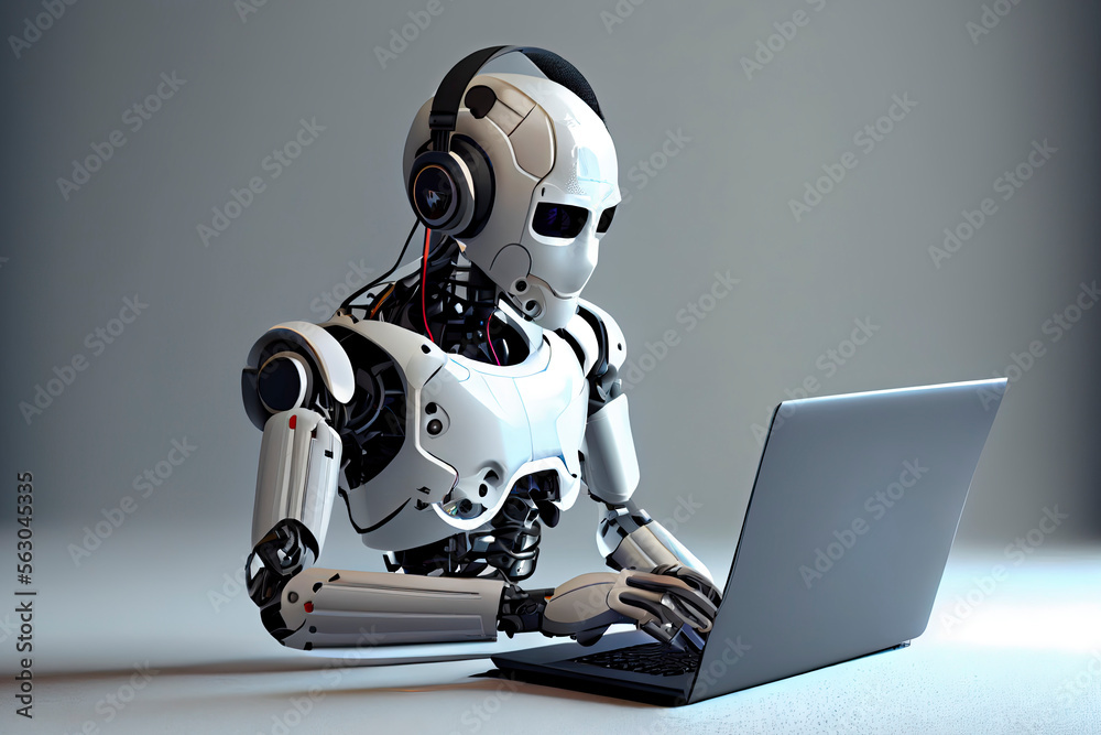 3d rendering humanoid robot working with headset and notebook 3d rendering humanoid robot working with headset and notebook