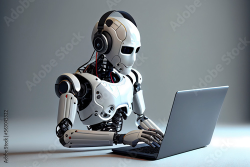 3d rendering humanoid robot working with headset and notebook