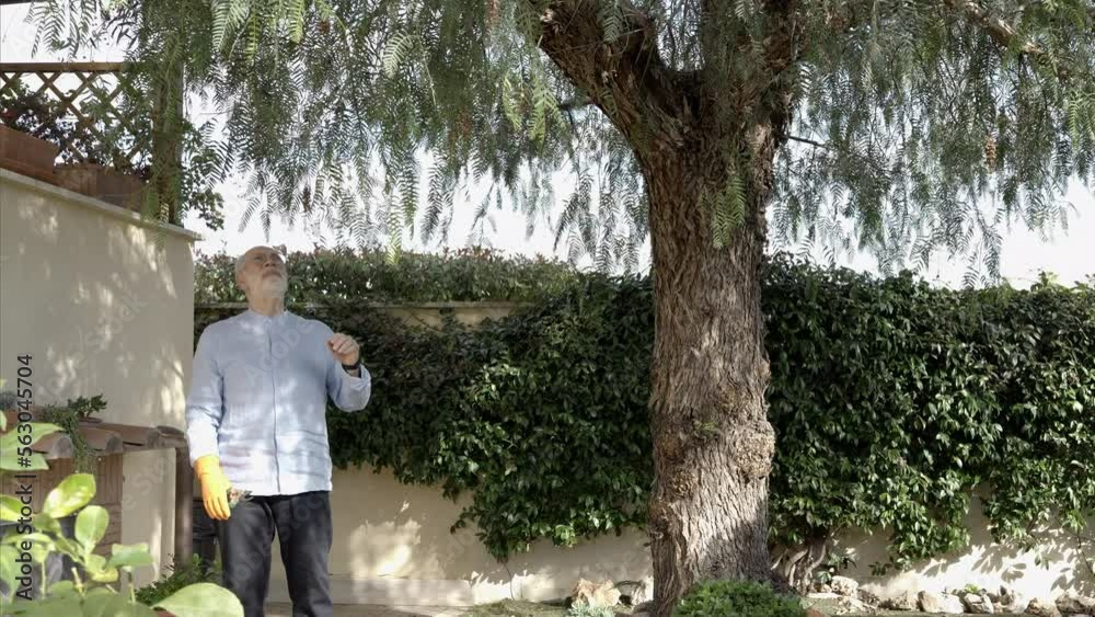 Elderly man gardening and tending his garden Elderly man gardening and tending his garden