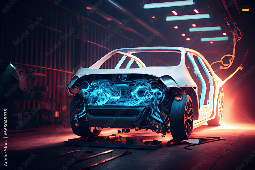 Obraz premium Robotic welder in automotive industry, white robot welding car body in car factory