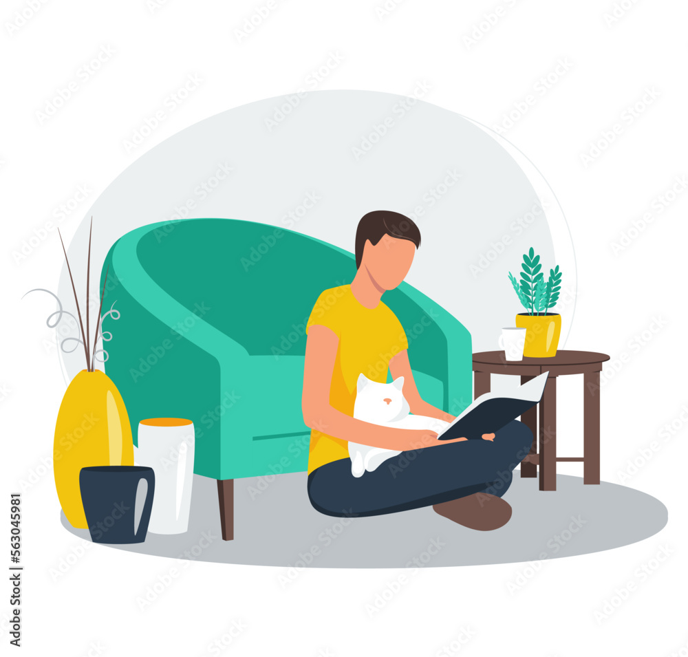 Man reading book concept. Man with literature in hands. Flat vector illustration isolated on white background. Man reading book concept. Man with literature in hands. Flat vector illustration isolated on white background.