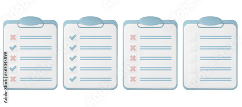 3d render in vector of survey icon with checklist or exam paper note. Feedback document report with tick or another choice concept