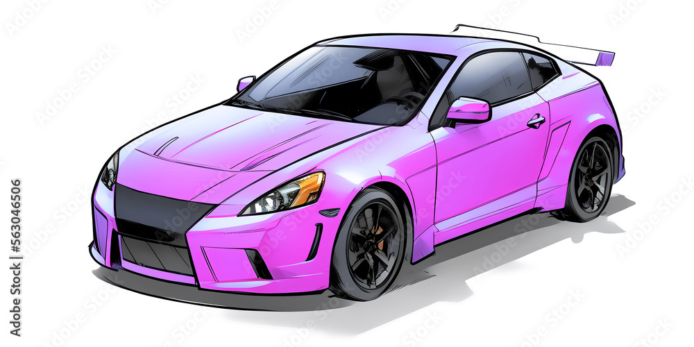 a pink car is shown in this drawing style, with a black rim and a white background . AI