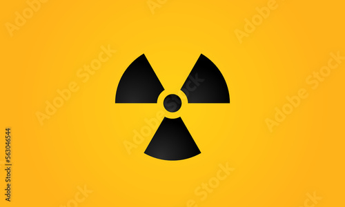 Vector black nuclear radiation sign on yellow banner. Toxic zone isolated symbol. Atomic reactor logo. Chernobyl biohazard wallpaper. Nuke radioactive background. Atom danger pictogram