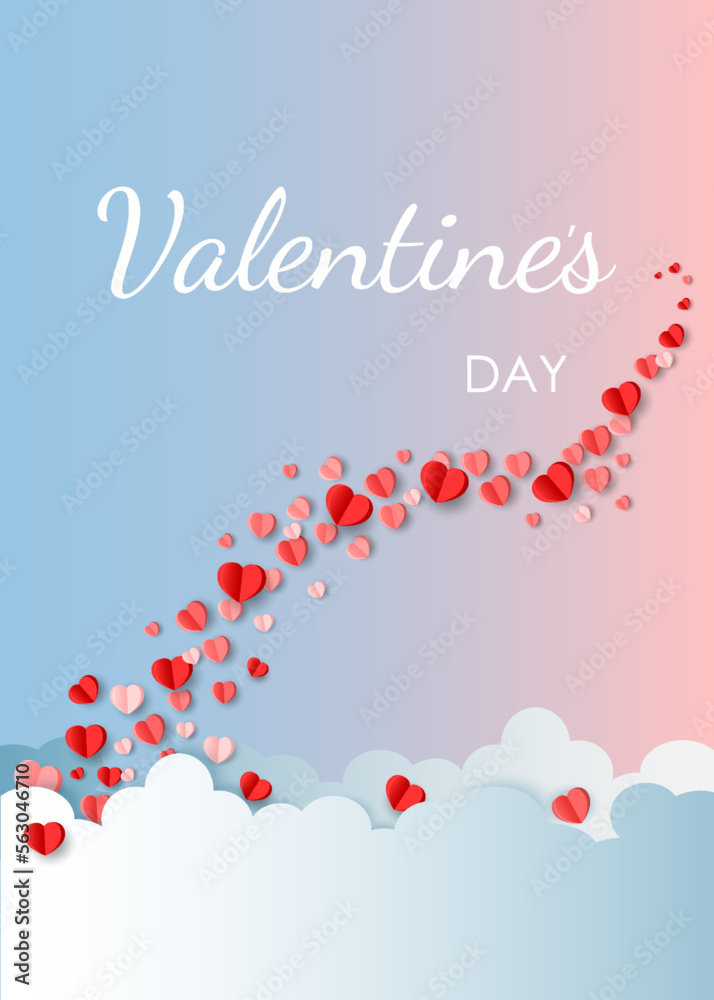 Naklejka premium Valentines Day gift card.Valentines Day social media banner.Vector wallpaper, flyer, invitation, website banners, online shopping,posters, brochure.3D paper hearts in the sky