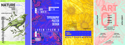 Bird. Flowers and plants. Invitation card. Typography posters design. Set of flat vector illustrations. Layout creative. Print, label, cover.