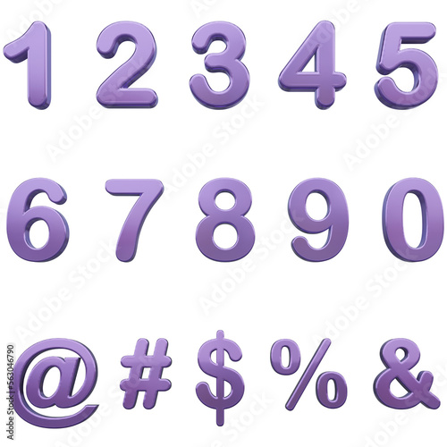 3D metallic purple numbers. Including the percentage symbol, dollar sign, hashtag, ampersand and at sign. Perfect for social media design.