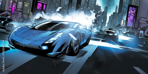 a blue sports car driving down a city street at night with a lot of smoke coming out of the windows . AI
