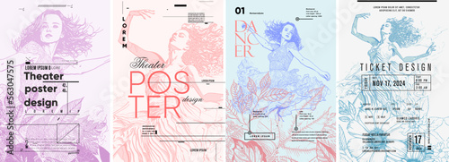 Dancing girl in flowers, fluttering dress.Typography posters design. Set of flat vector illustrations. Layout creative. Print, label, cover.
