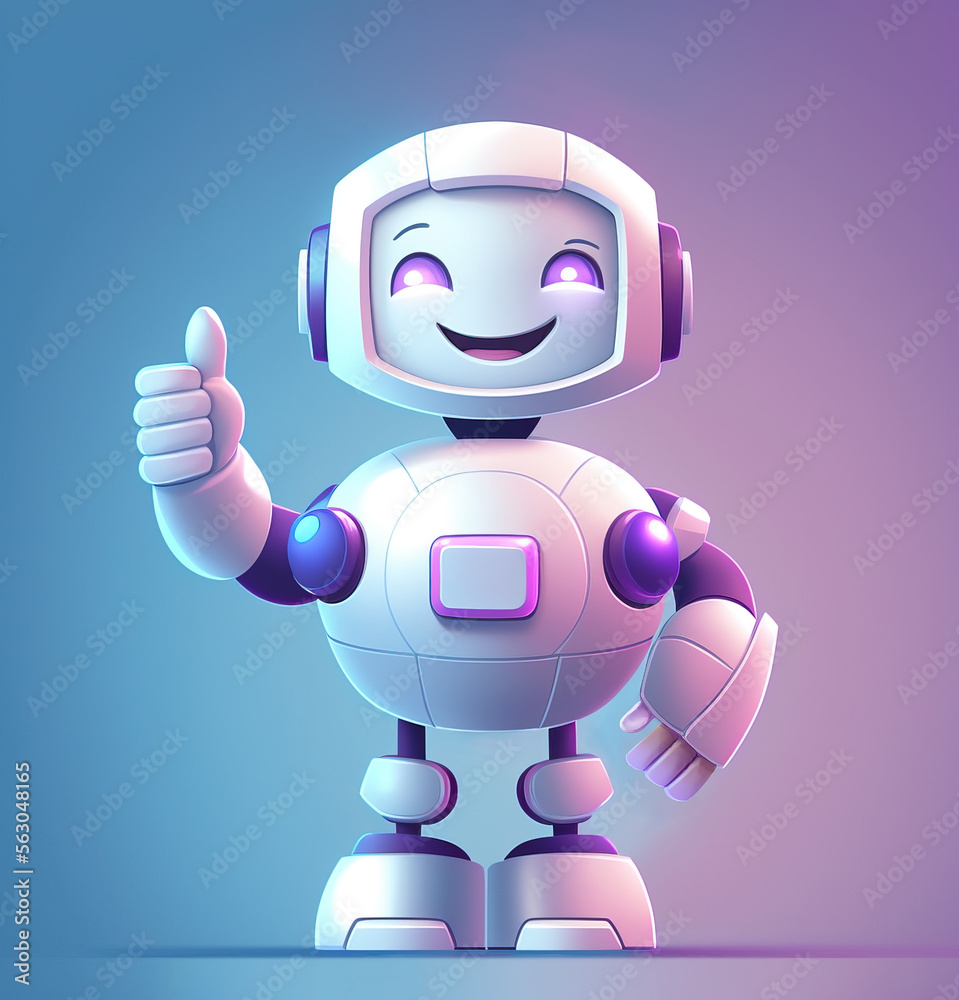 Happy robot showing thumbs up with its hand over blue background, full body, generative AI illustration
