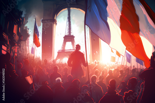Manifestations en France. Gilets jaunes en grève. Réforme des retraites. Mouvement social, mobilisation générale. Illustration style dessin à la main. Generative AI