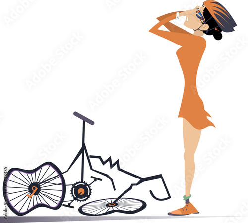 Sad cyclist woman and broken bike illustration. 
Upset cyclist young woman holds hands on the face standing near a broken bicycle. Isolated on white background
