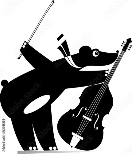 Funny bear a cellist illustration.
Cartoon bear is playing music on cello with inspiration. Black on white
