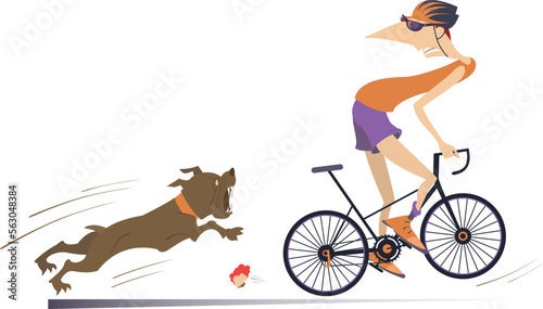 Angry dog and cyclist man illustration. 
Frightened cyclist escapes from the angry dog. Isolated on white background
