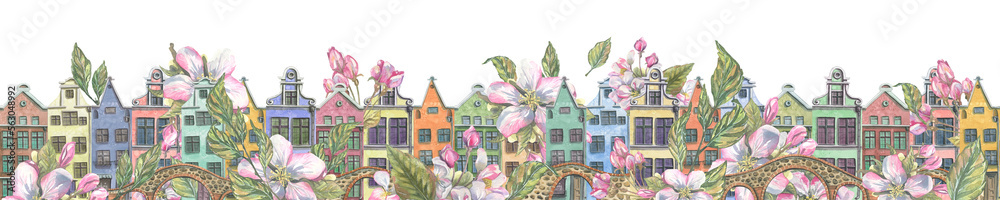 Cute European little houses with stone bridges and spring, pink apple blossoms. Watercolor illustration. A long banner from the collection of EUROPEAN HOUSES. For decoration and design.