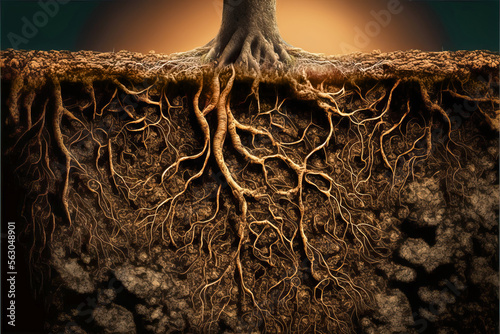 Fototapeta Tree roots in soil close up, underground texture, generative AI illustration