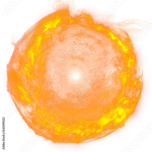 Powerful orange fireball explosion. Isolated on a transparent background, the fire blast features plasma, particle effects that create a flare and flash. Perfect for adding power to any design. photo