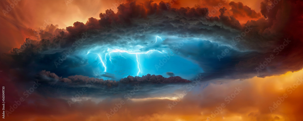 Fototapeta premium Stormy cloudscape with colorful lightning in the clouds. thunderclouds with flashes and bolts of lightning. Generative AI