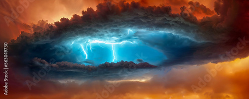 Stormy cloudscape with colorful lightning in the clouds. thunderclouds with flashes and bolts of lightning. Generative AI