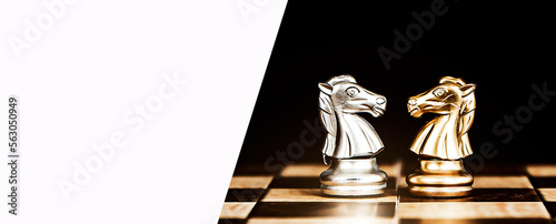 Knight horse chess pieces stand confront challenge concept of team player or business team and leadership strategy or strategic planning and human resources organization risk management.