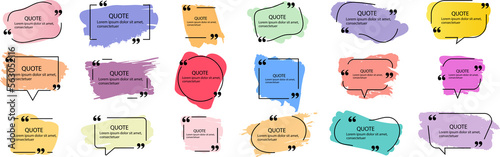 Collection of quote box frames and icons. Text in brackets. Blank template of quote remarks. Empty speech and quote bubbles of different forms. Textbox photo