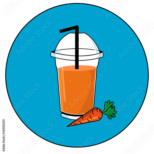 carrot juice in a plastic glass with an illustration of carrots. on a blue background photo