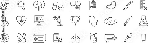 Set of outline icons about pharmacy  medicine. Simple symbols with black color contour