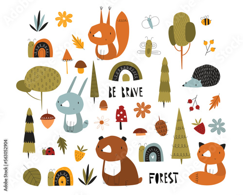 Print. Big vector forest set. Cute cartoon animals, forest plants, insects and berries. Bear, fox, squirrel, hedgehog, hare. Scandinavian style. Lettering. Stickers, poster, postcard.