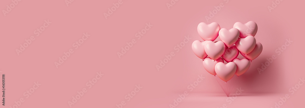 Heart shape from a pink balloon floating on a pink background. Minimal idea concept. Horizontal banner Space for text on the left Love Heart Romance Valentines day