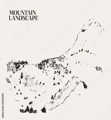 Beautiful landscape with mountain and spruce forest. Hand drawn vector illustration, sketch