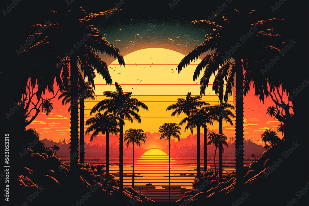 Obraz premium 80's or 90's retro sunset landscape, Evening on the beach with palm trees, Colorful picture for rest. Palm trees at sunset, generative ai.