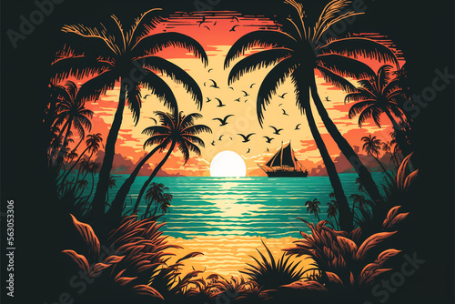 80's or 90's retro sunset landscape, Evening on the beach with palm trees, Colorful picture for rest. Palm trees at sunset, generative ai.