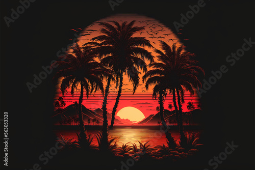 80 s or 90 s retro sunset landscape  Evening on the beach with palm trees  Colorful picture for rest. Palm trees at sunset  generative ai.
